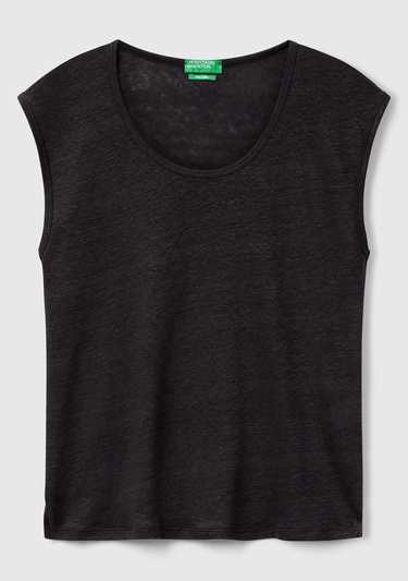  Kadın Siyah %100 Keten Yanları Yırtmaçlı Relax Fit Yuvarlak Yaka T-Shirt