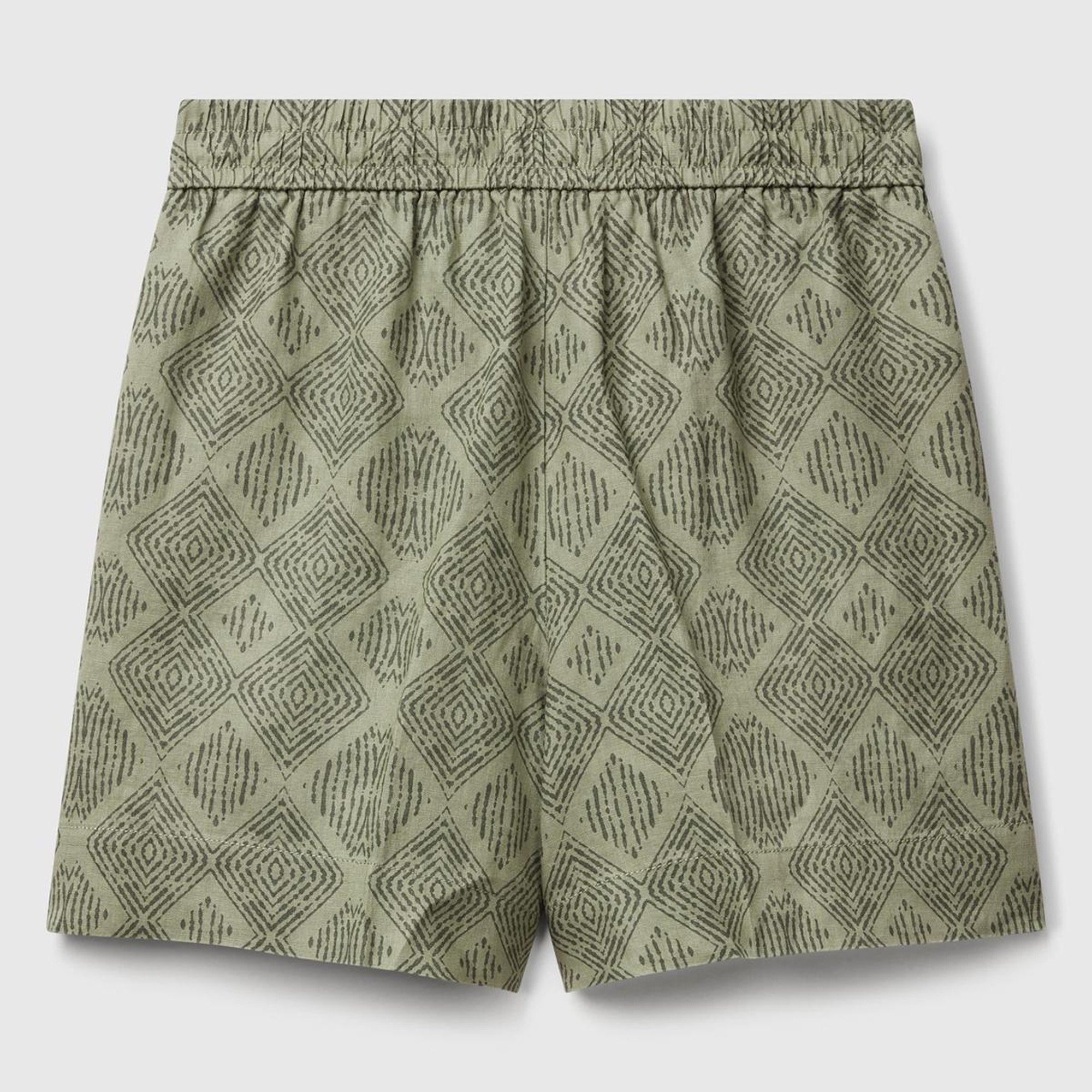 Kadın Haki %100 Keten Desenli Beli Lastikli Cepli Şort