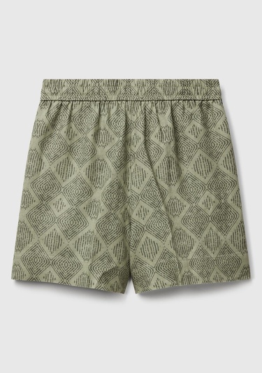  Kadın Haki %100 Keten Desenli Beli Lastikli Cepli Şort