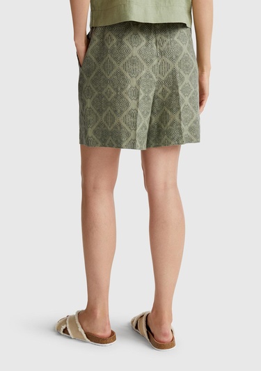 Kadın Haki %100 Keten Desenli Beli Lastikli Cepli Şort
