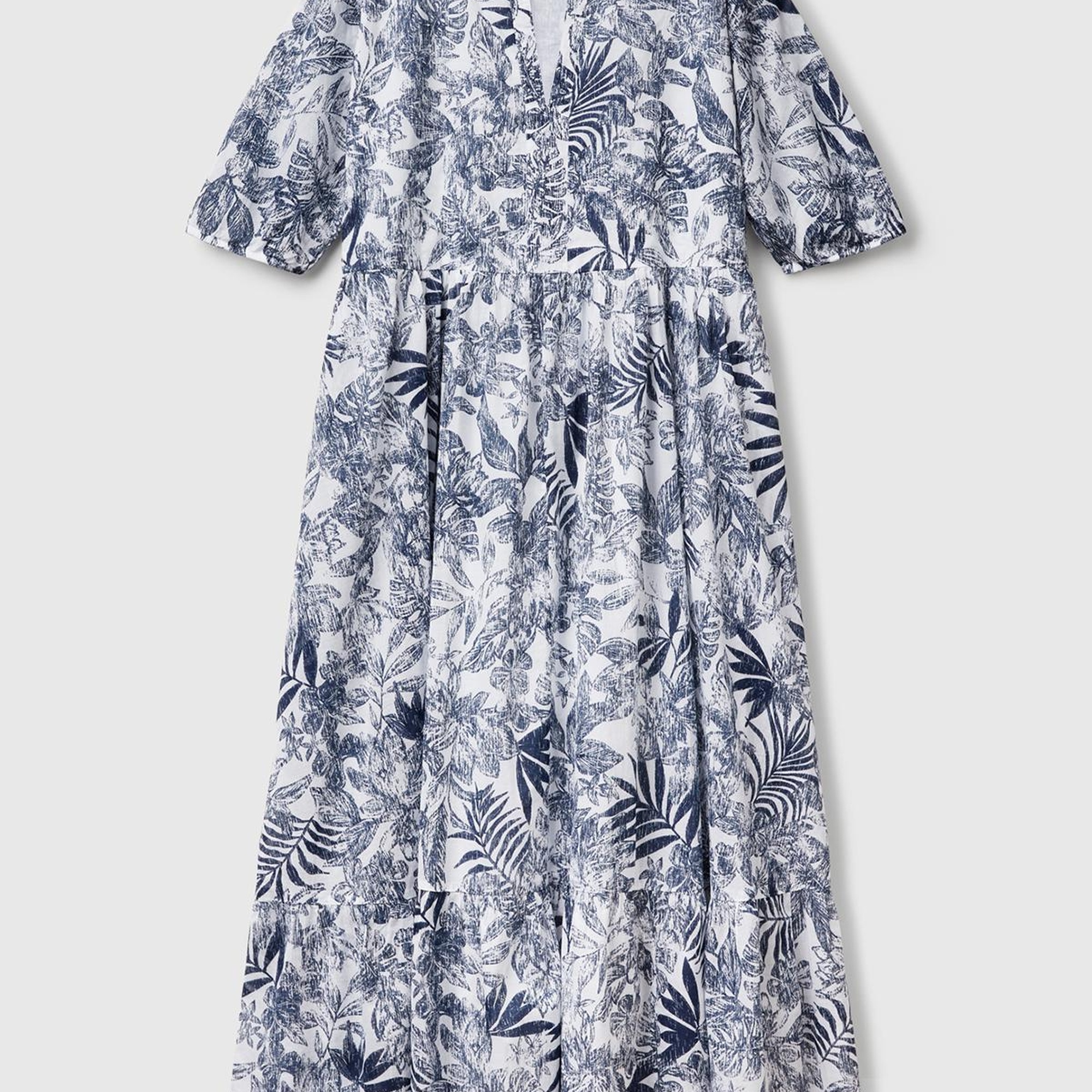 Kadın Mavi Mix %100 Koton Desenli V Yaka Kısa Kollu Uzun Müslin Elbise