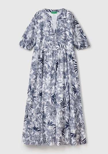  Kadın Mavi Mix %100 Koton Desenli V Yaka Kısa Kollu Uzun Müslin Elbise