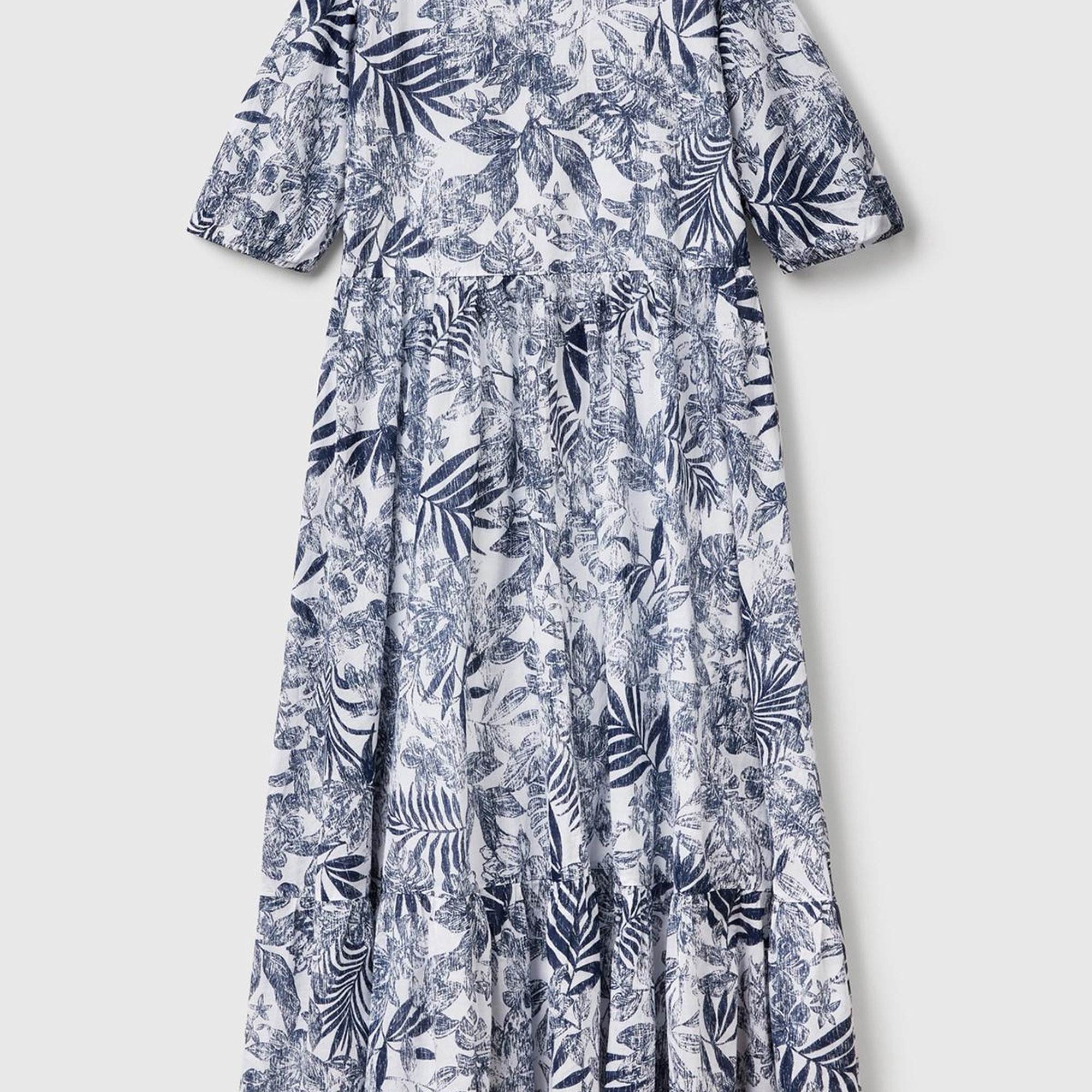 Kadın Mavi Mix %100 Koton Desenli V Yaka Kısa Kollu Uzun Müslin Elbise