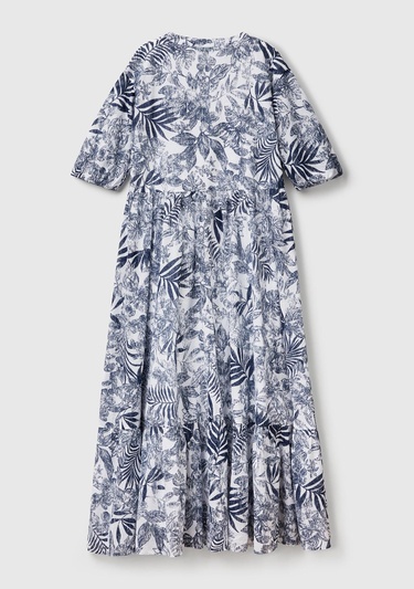  Kadın Mavi Mix %100 Koton Desenli V Yaka Kısa Kollu Uzun Müslin Elbise