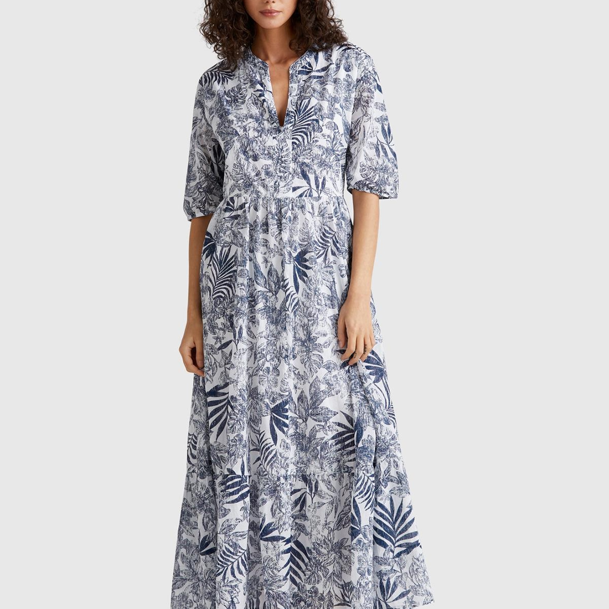 Kadın Mavi Mix %100 Koton Desenli V Yaka Kısa Kollu Uzun Müslin Elbise