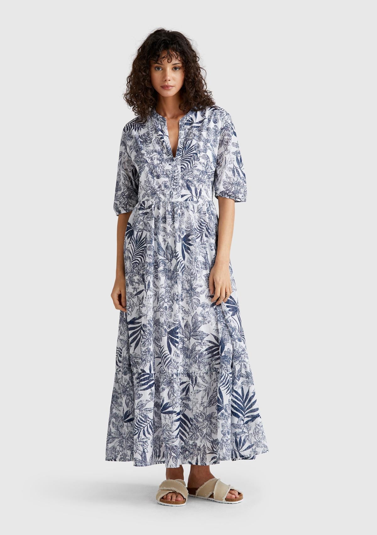  Kadın Mavi Mix %100 Koton Desenli V Yaka Kısa Kollu Uzun Müslin Elbise