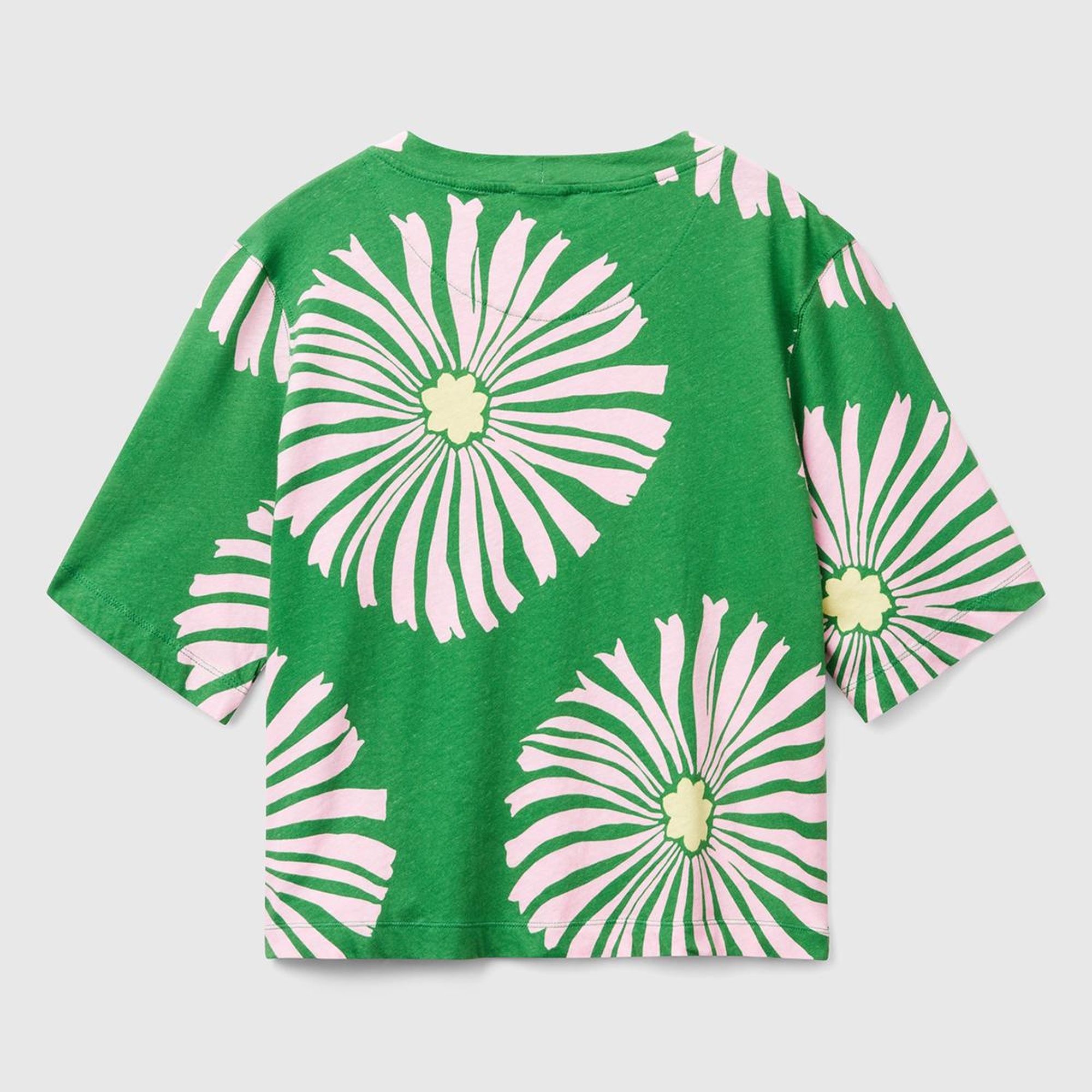 Kadın Yeşil Keten Karışımlı Boxy Fit Çiçek Desenli T-Shirt