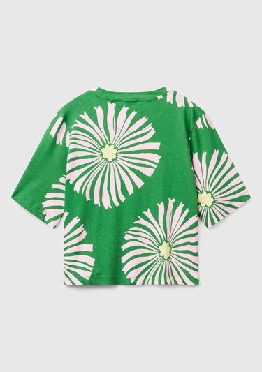  Kadın Yeşil Keten Karışımlı Boxy Fit Çiçek Desenli T-Shirt
