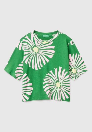  Kadın Yeşil Keten Karışımlı Boxy Fit Çiçek Desenli T-Shirt