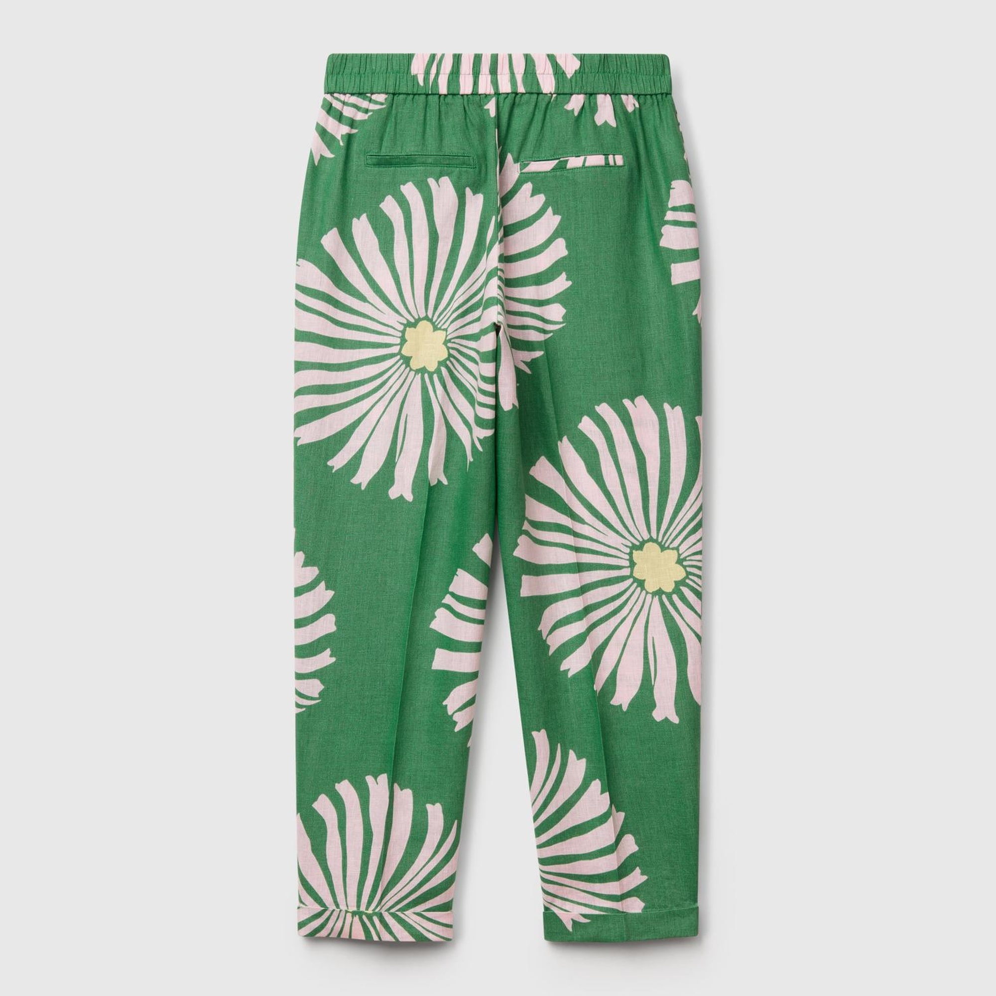 Kadın Yeşil %100 Keten Desenli Beli Lastikli Pantolon