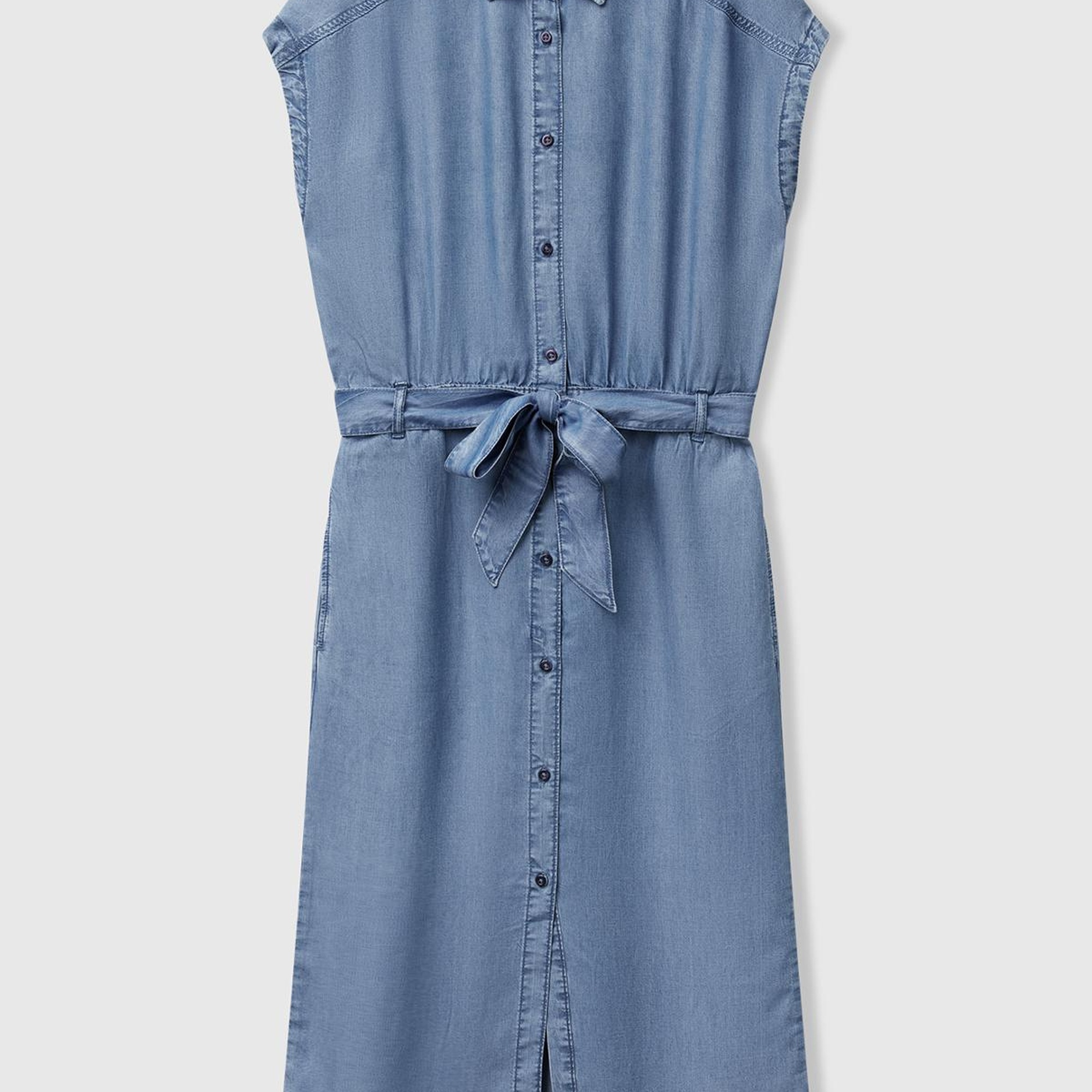 Kadın Açık Mavi %100 Liyosel Polo Yaka Belden Bağlamalı Midi Elbise