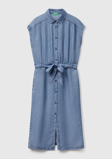  Kadın Açık Mavi %100 Liyosel Polo Yaka Belden Bağlamalı Midi Elbise
