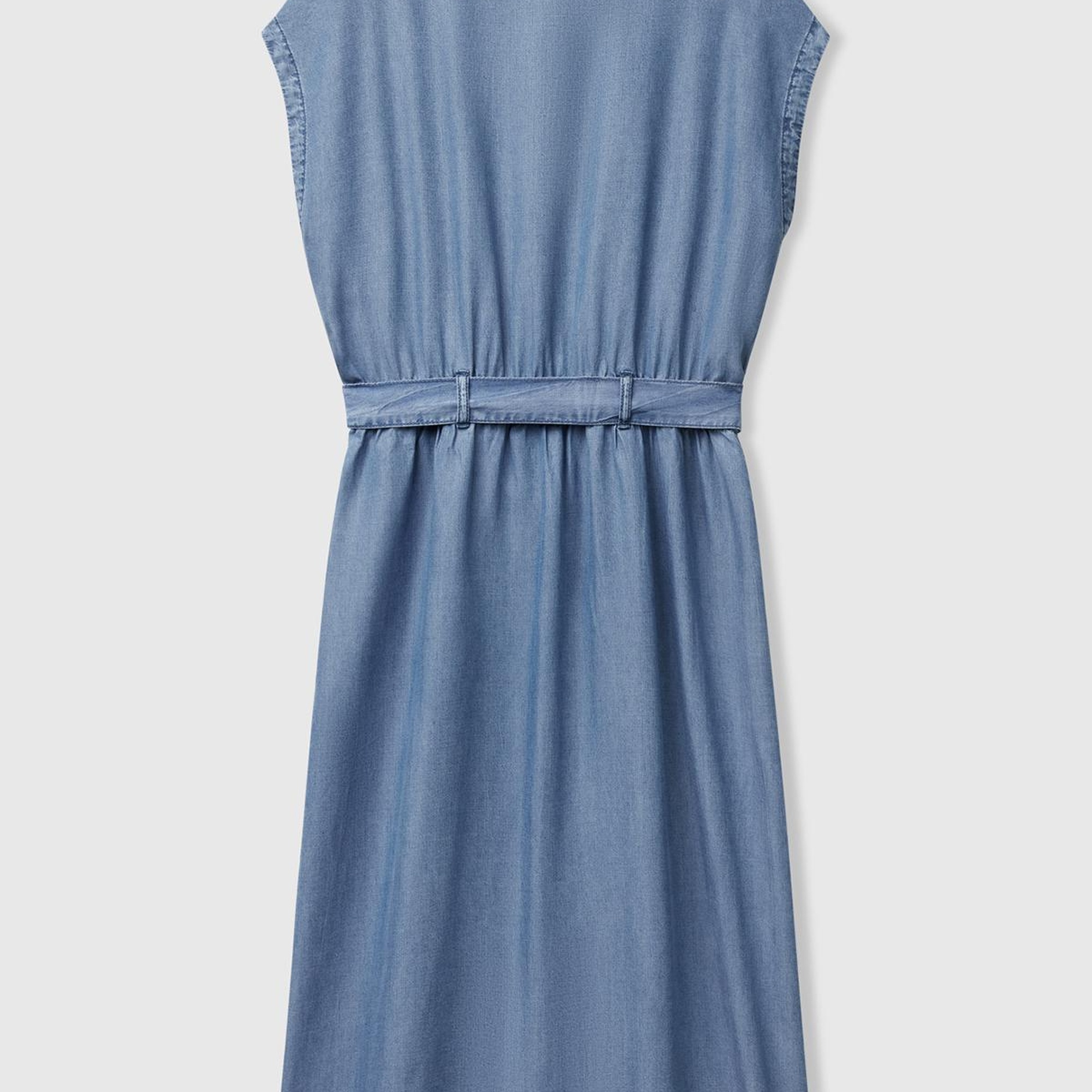Kadın Açık Mavi %100 Liyosel Polo Yaka Belden Bağlamalı Midi Elbise