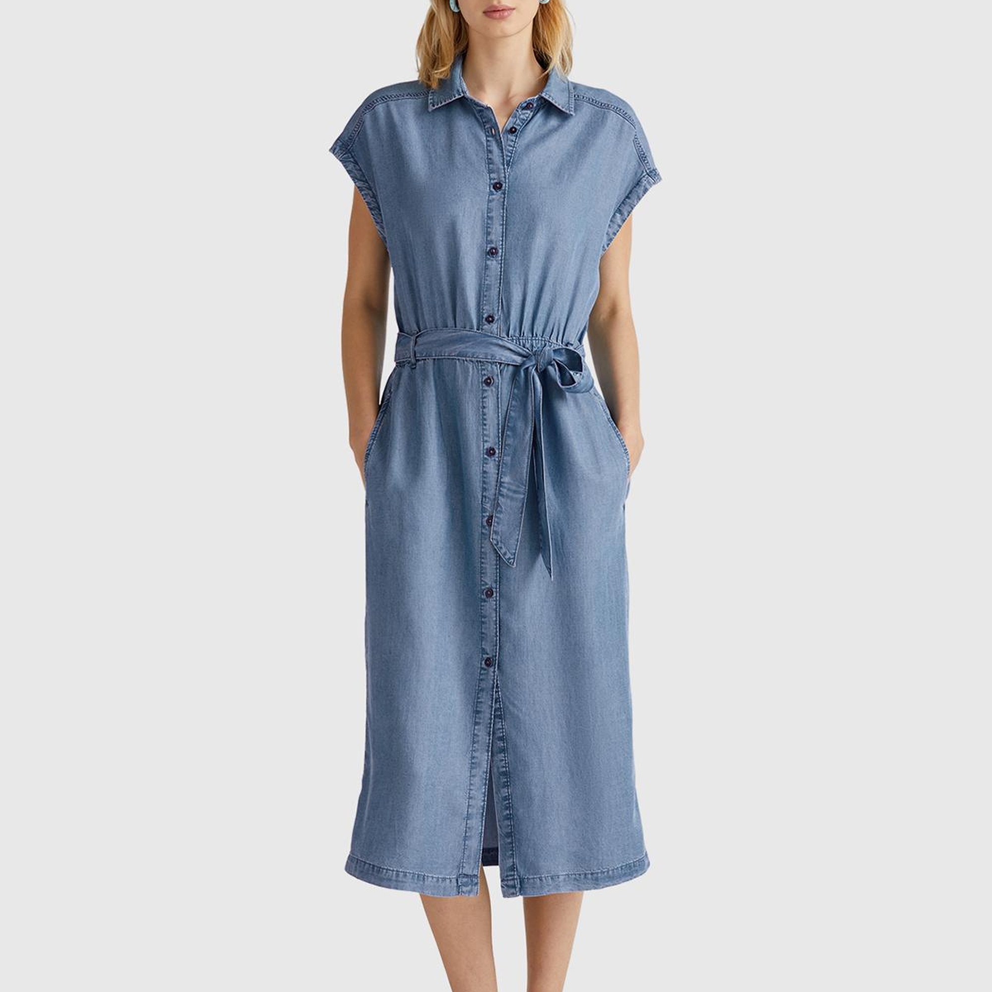 Kadın Açık Mavi %100 Liyosel Polo Yaka Belden Bağlamalı Midi Elbise