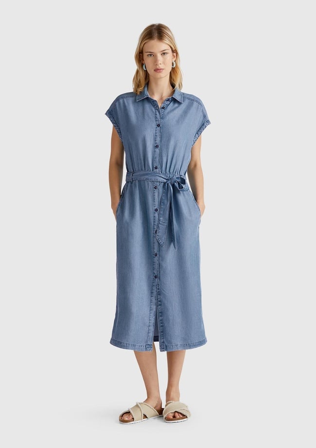  Kadın Açık Mavi %100 Liyosel Polo Yaka Belden Bağlamalı Midi Elbise