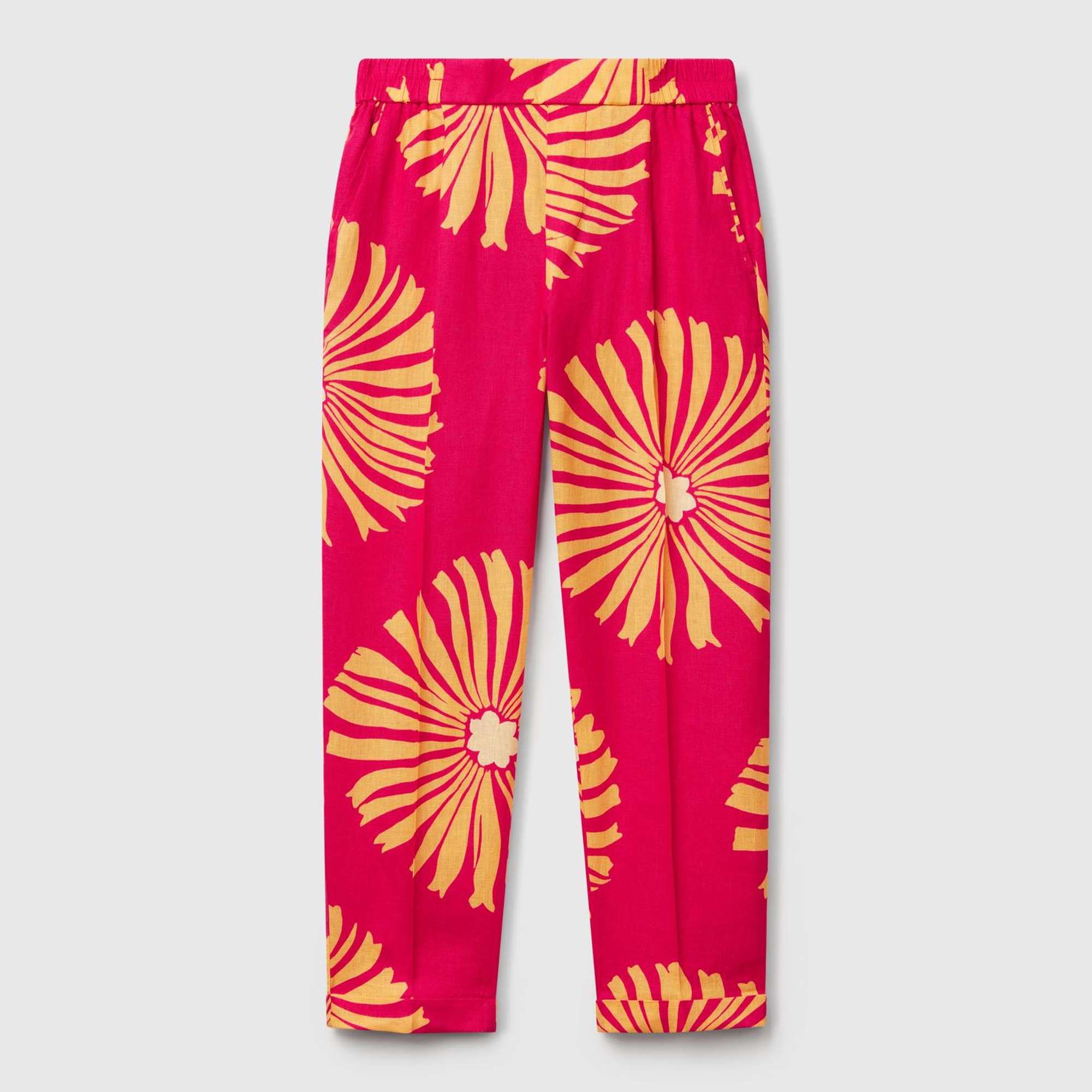 Kadın Fuşya %100 Keten Desenli Beli Lastikli Pantolon