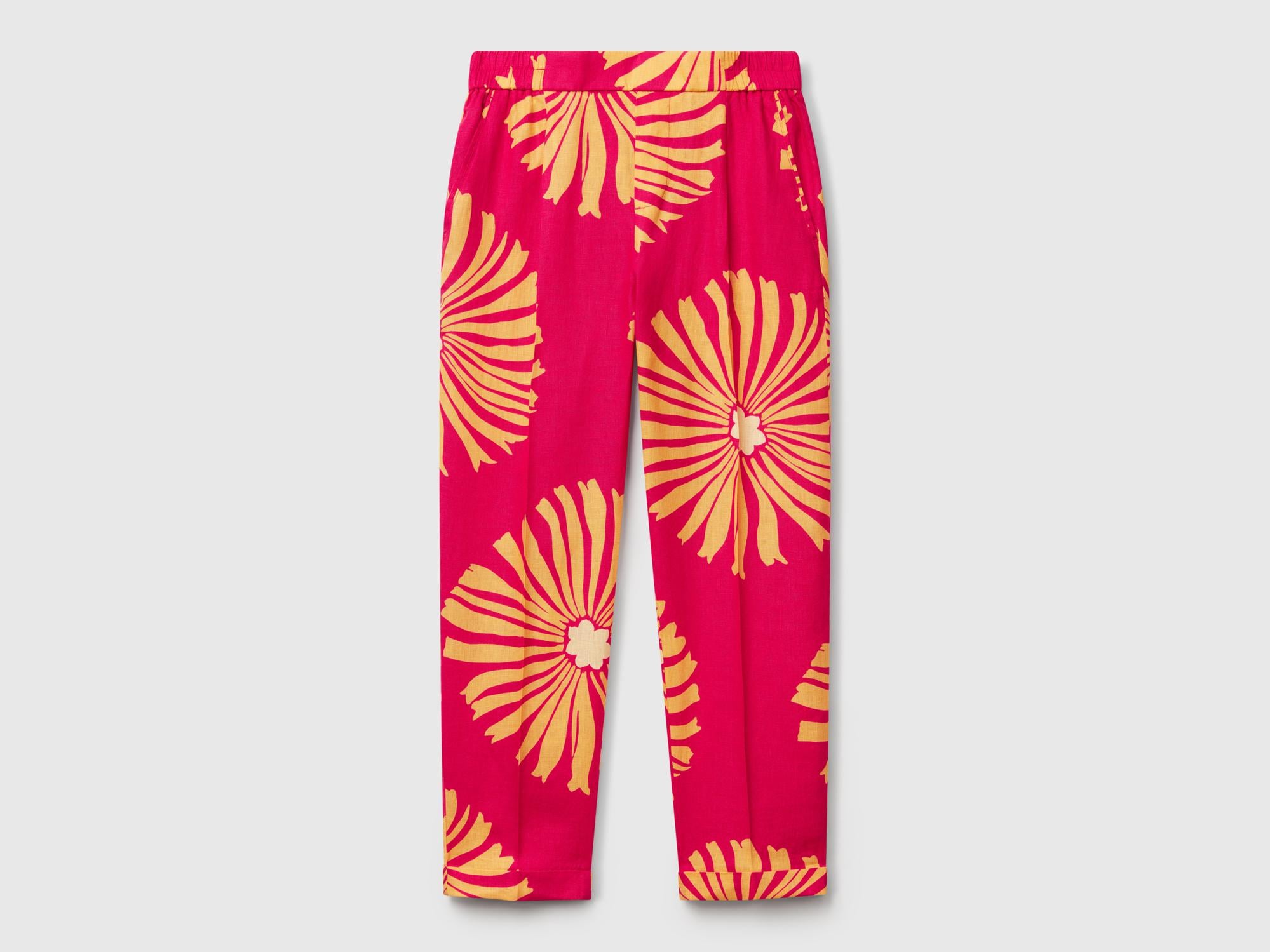  Kadın Fuşya %100 Keten Desenli Beli Lastikli Pantolon