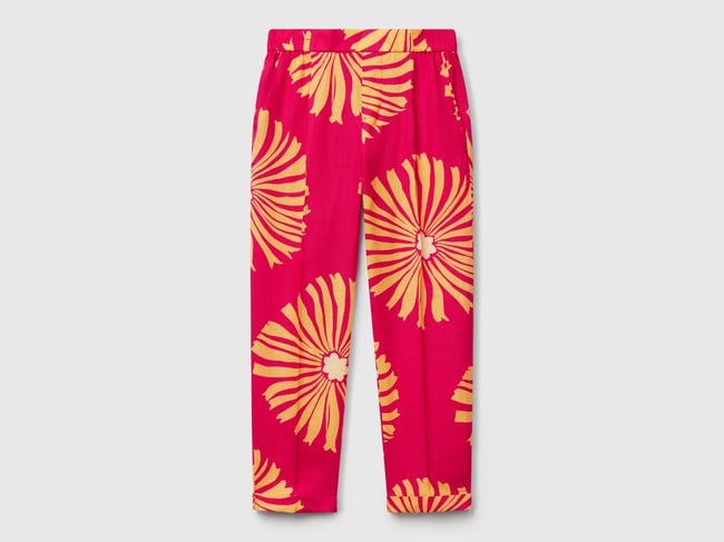  Kadın Fuşya %100 Keten Desenli Beli Lastikli Pantolon