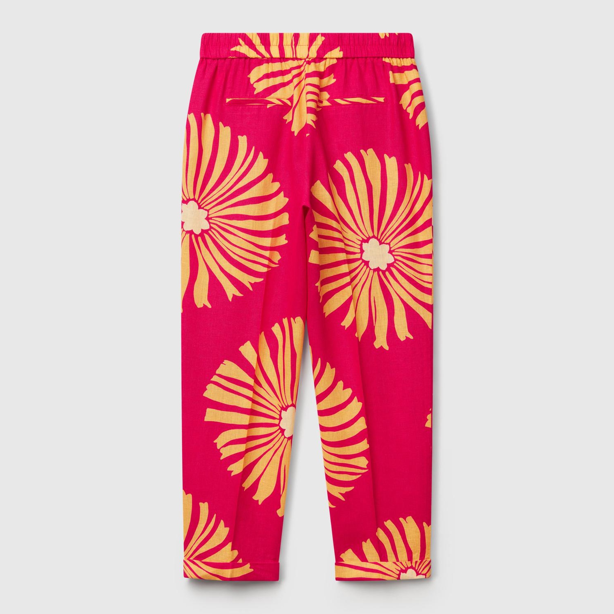 Kadın Fuşya %100 Keten Desenli Beli Lastikli Pantolon