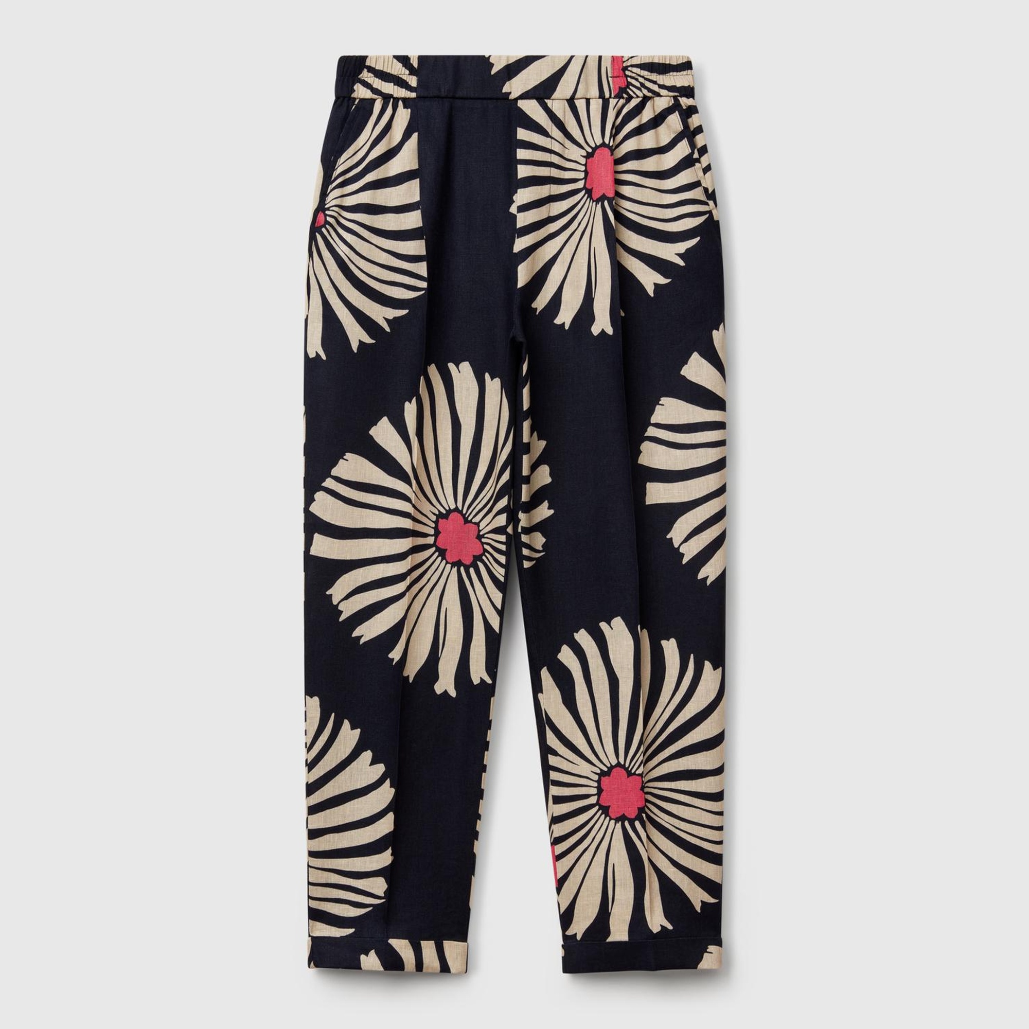 Kadın Lacivert %100 Keten Desenli Beli Lastikli Pantolon