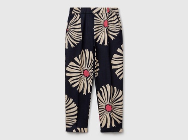  Kadın Lacivert %100 Keten Desenli Beli Lastikli Pantolon