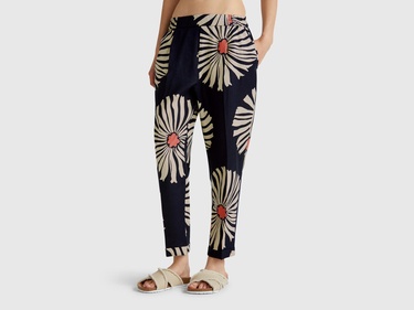  Kadın Lacivert %100 Keten Desenli Beli Lastikli Pantolon