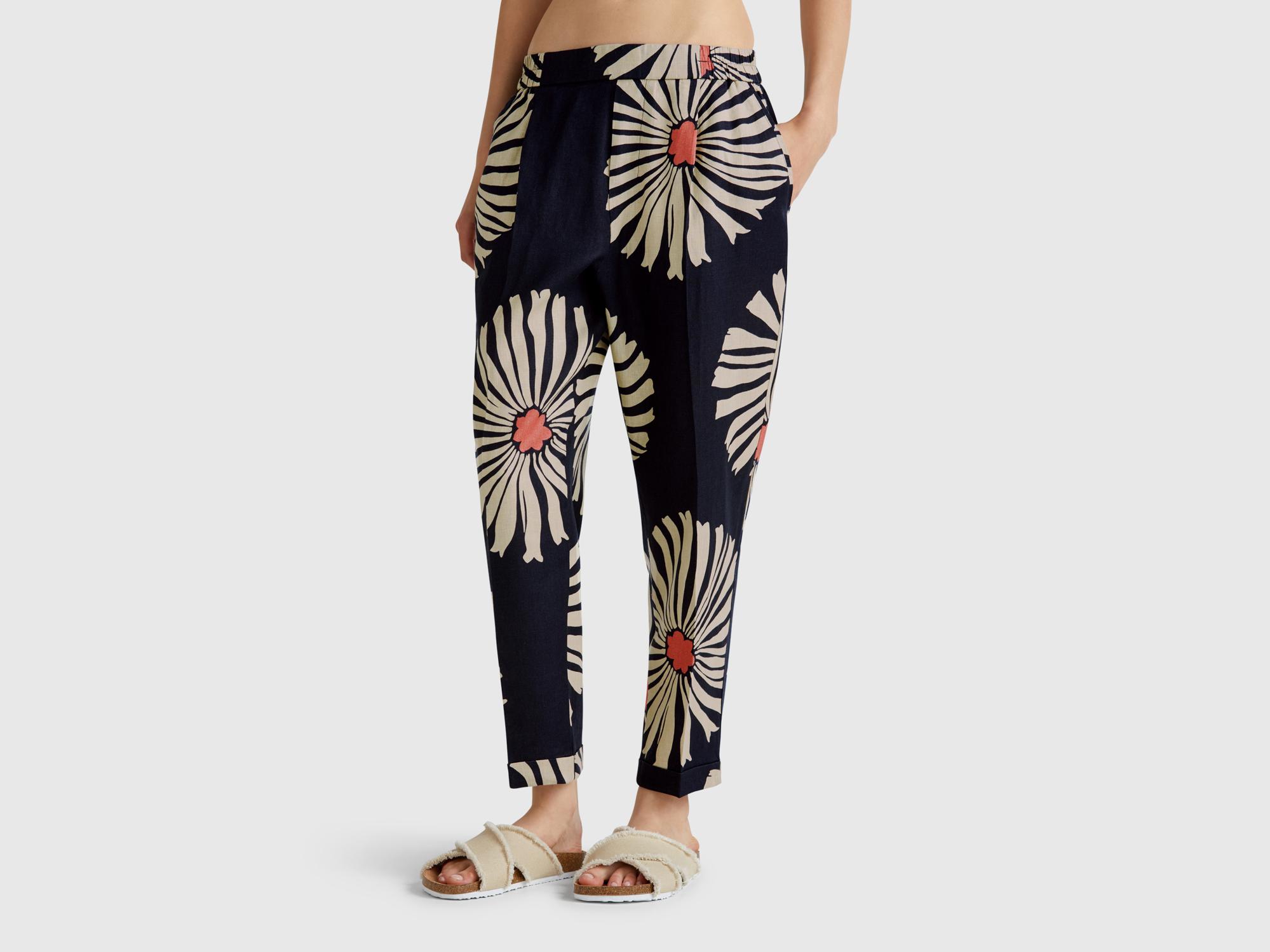  Kadın Lacivert %100 Keten Desenli Beli Lastikli Pantolon