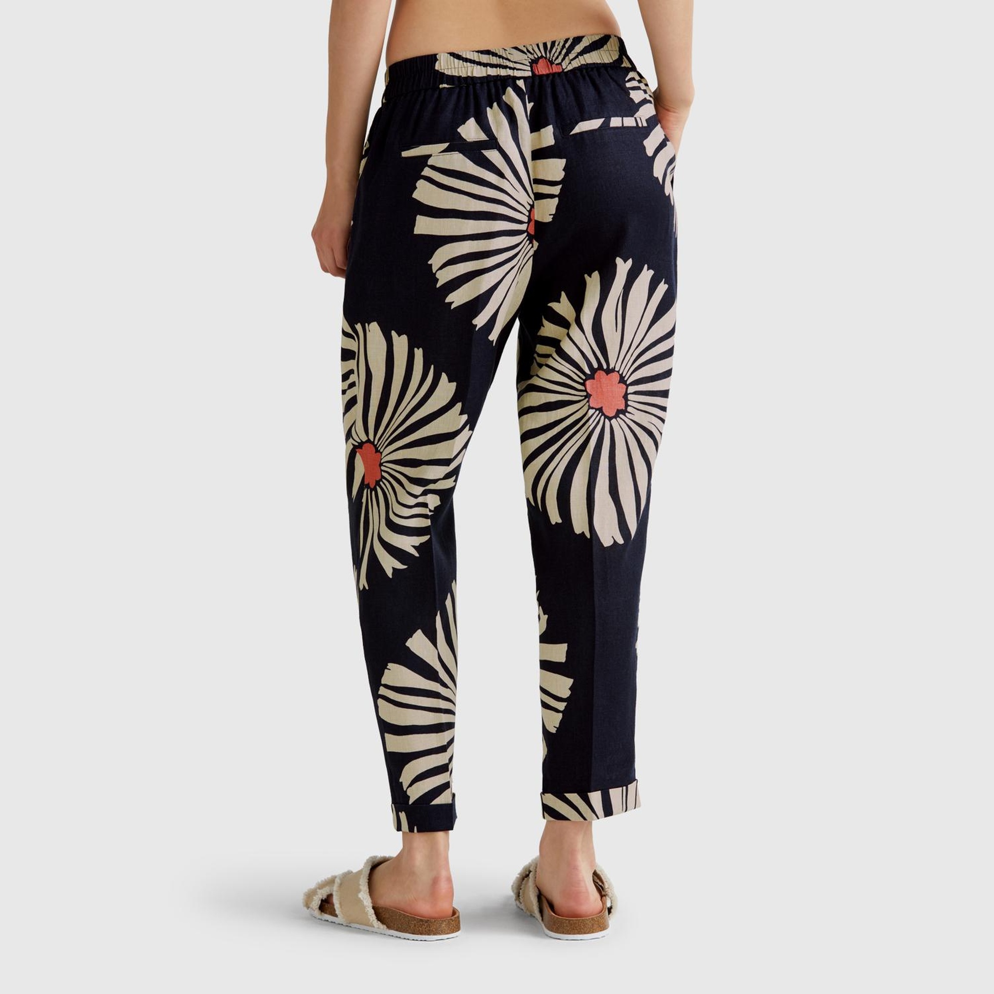 Kadın Lacivert %100 Keten Desenli Beli Lastikli Pantolon