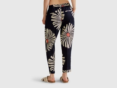  Kadın Lacivert %100 Keten Desenli Beli Lastikli Pantolon