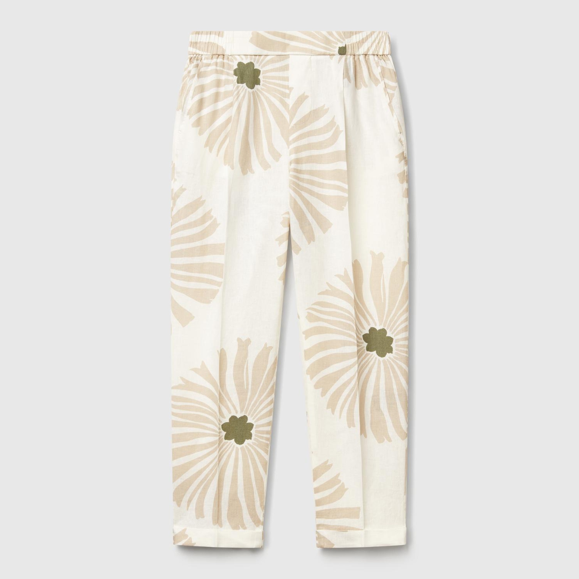 Kadın Krem %100 Keten Desenli Beli Lastikli Pantolon