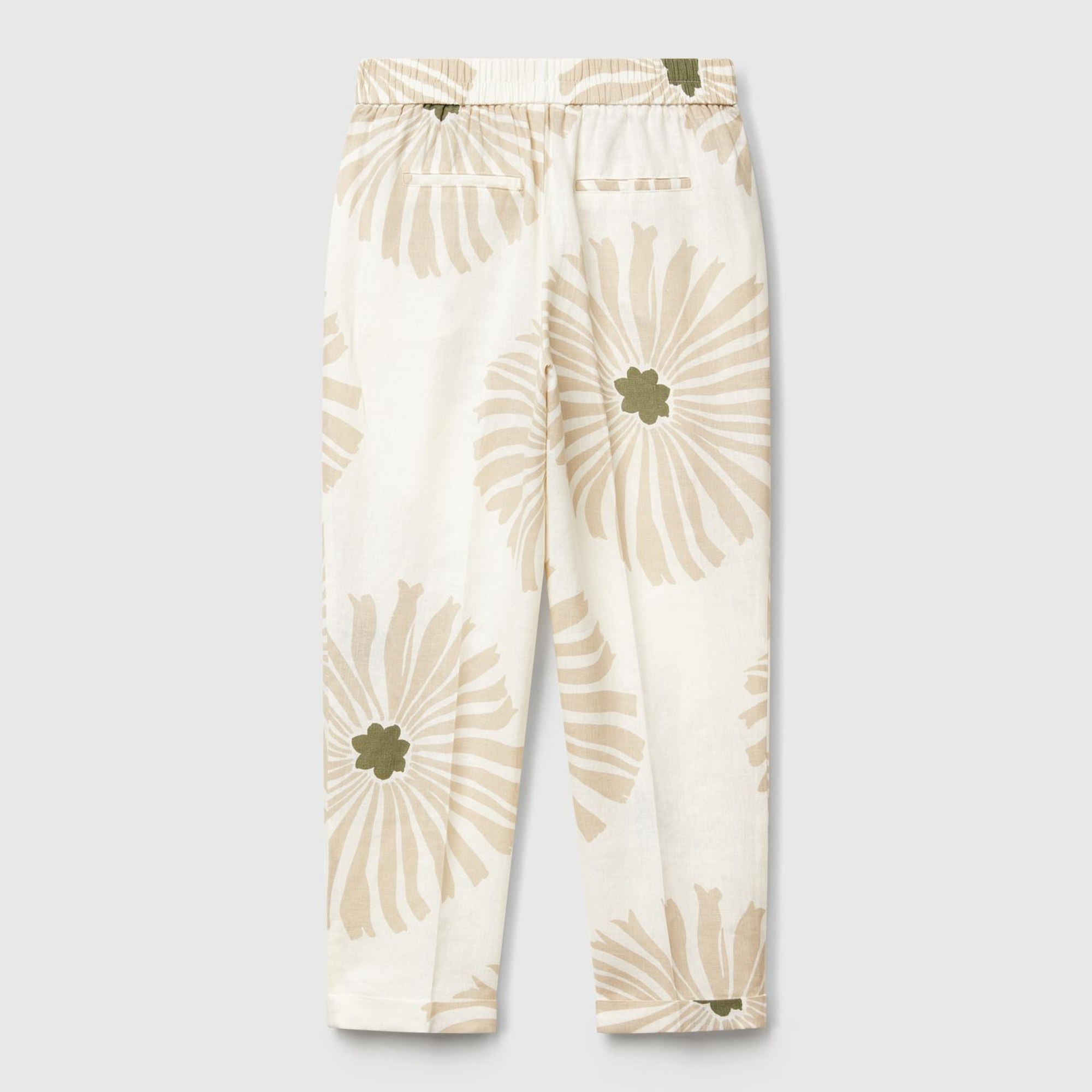 Kadın Krem %100 Keten Desenli Beli Lastikli Pantolon