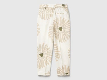  Kadın Krem %100 Keten Desenli Beli Lastikli Pantolon