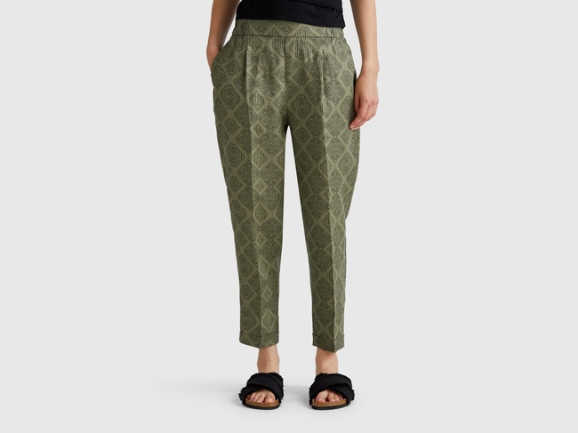  Kadın Haki %100 Keten Desenli Beli Lastikli Pantolon