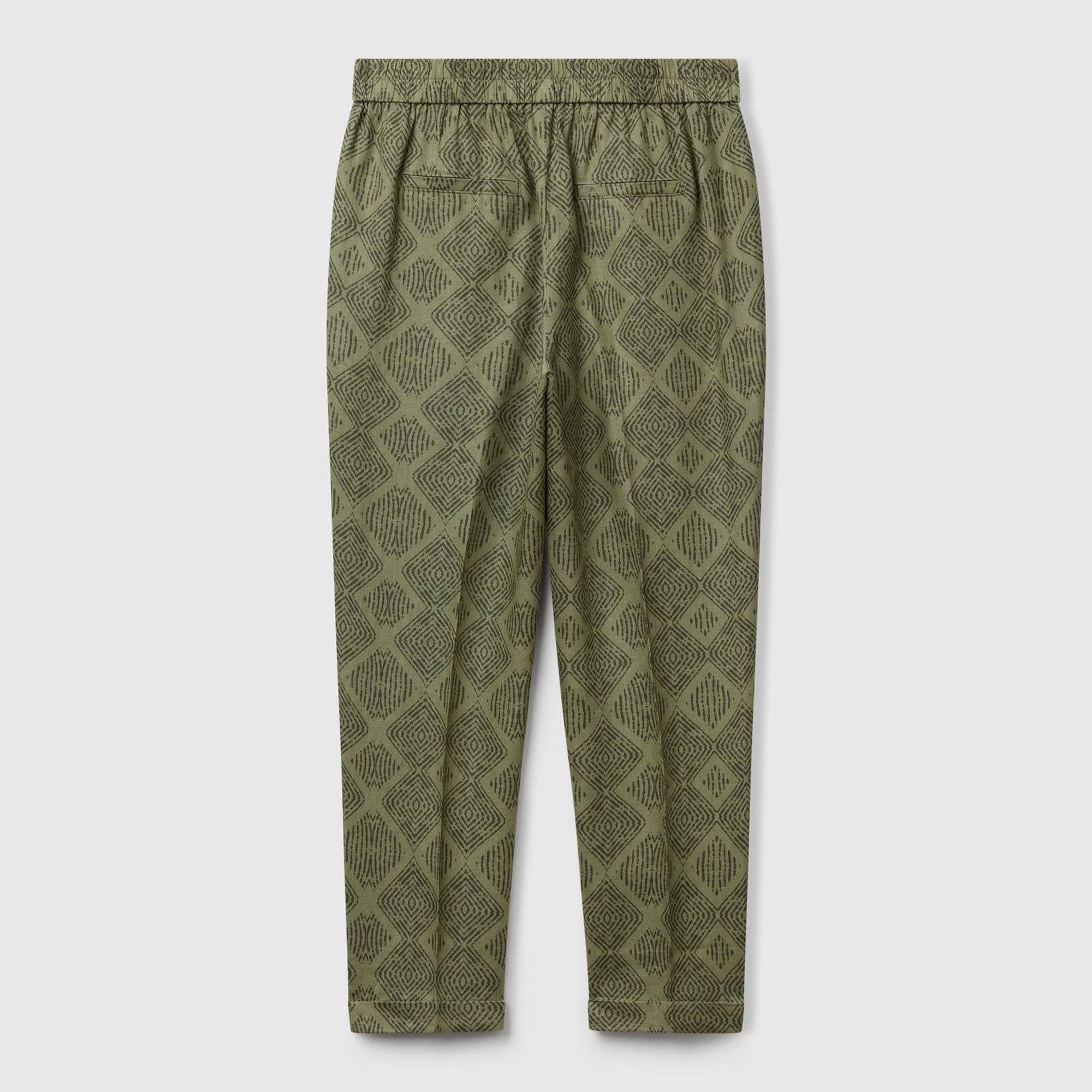 Kadın Haki %100 Keten Desenli Beli Lastikli Pantolon