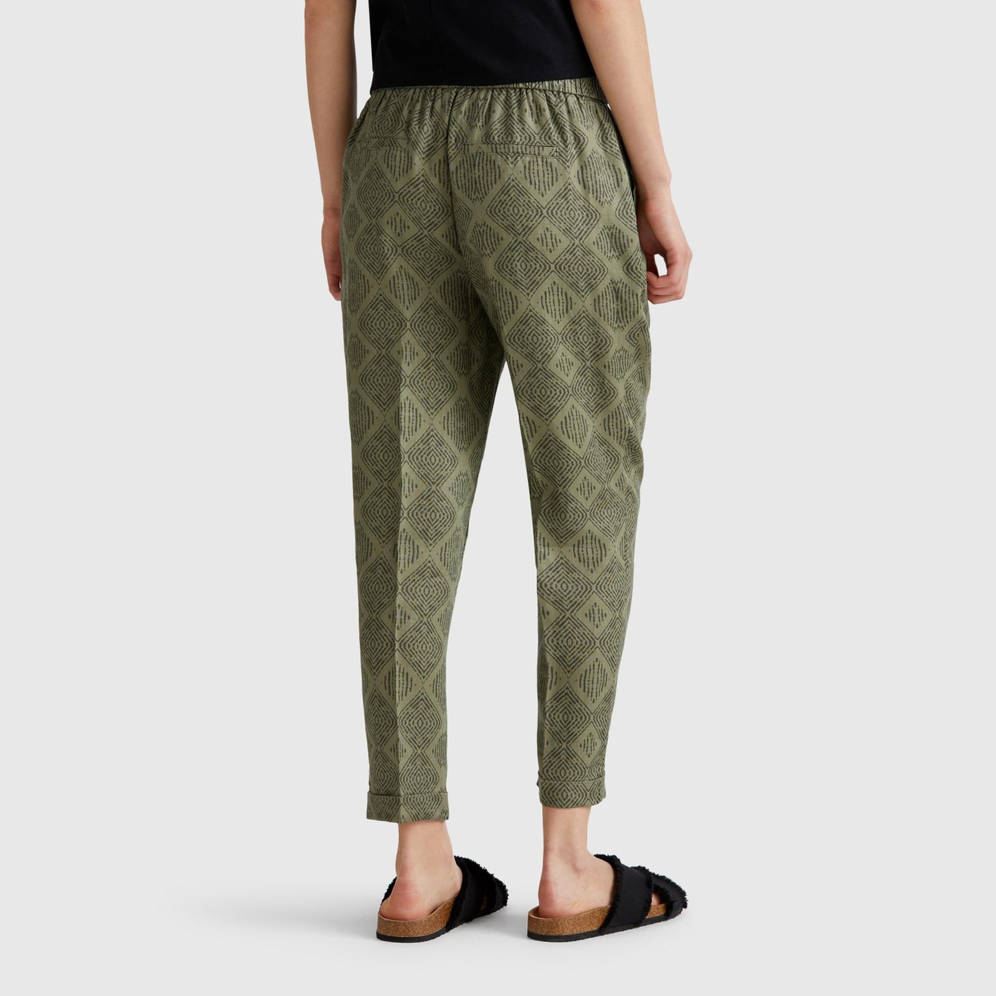 Kadın Haki %100 Keten Desenli Beli Lastikli Pantolon