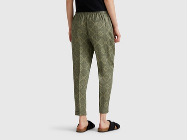  Kadın Haki %100 Keten Desenli Beli Lastikli Pantolon