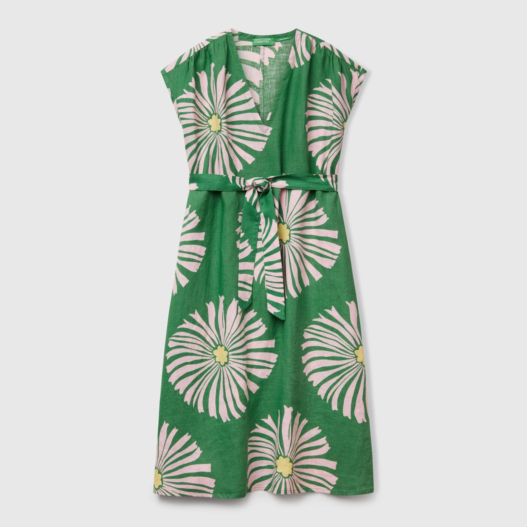 Kadın Yeşil %100 Keten Desenli V Yaka Cepli Uzun Elbise