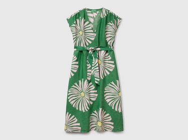  Kadın Yeşil %100 Keten Desenli V Yaka Cepli Uzun Elbise