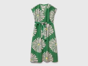  Kadın Yeşil %100 Keten Desenli V Yaka Cepli Uzun Elbise