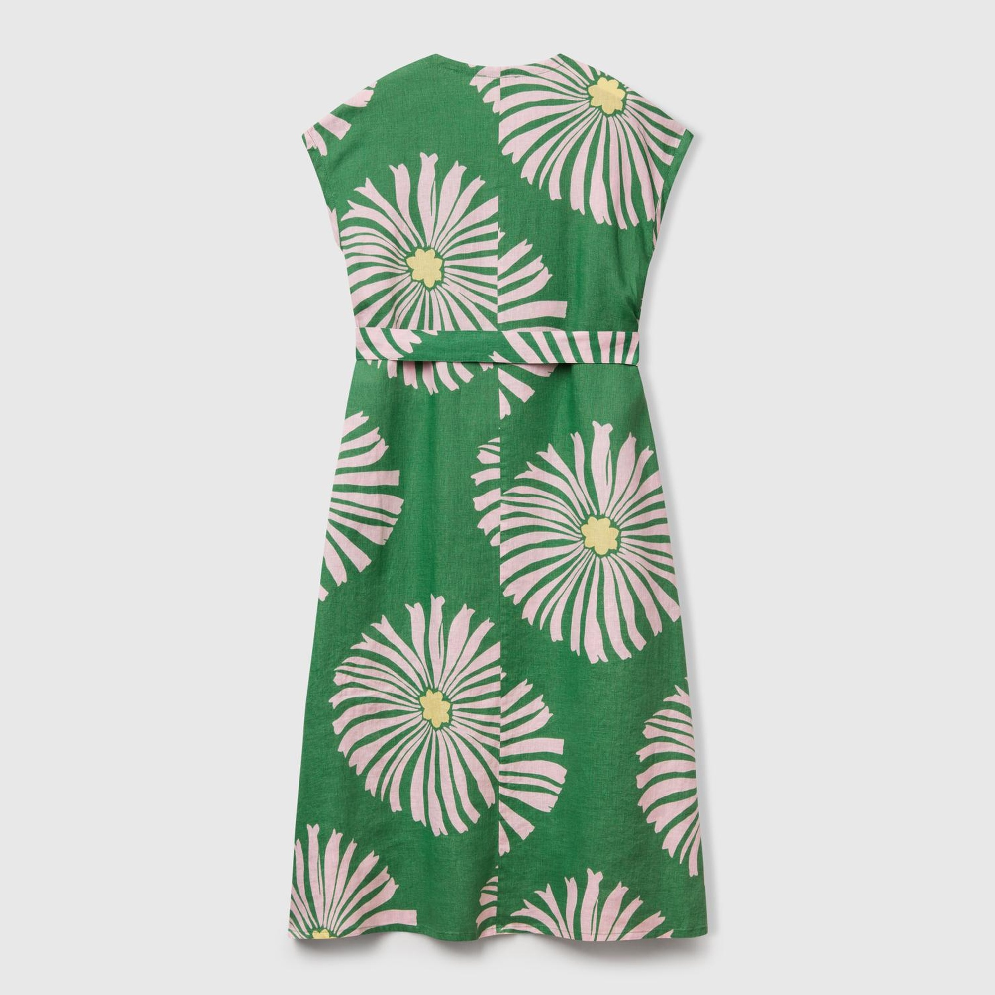 Kadın Yeşil %100 Keten Desenli V Yaka Cepli Uzun Elbise