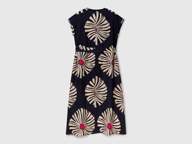  Kadın Lacivert %100 Keten Desenli V Yaka Cepli Uzun Elbise