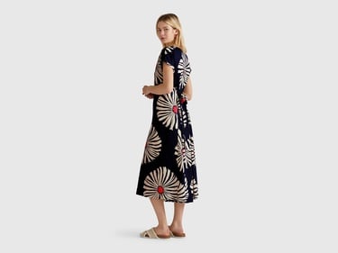  Kadın Lacivert %100 Keten Desenli V Yaka Cepli Uzun Elbise