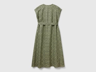  Kadın Haki %100 Keten Desenli V Yaka Cepli Uzun Elbise