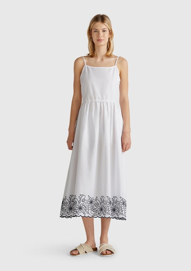  Kadın Beyaz %100 Koton Askılı Etek Ucu İşlemeli Midi Boy Elbise