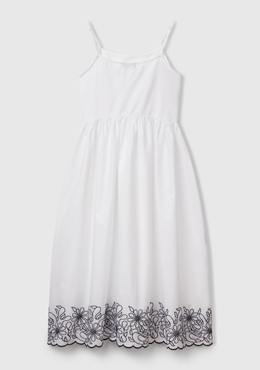  Kadın Beyaz %100 Koton Askılı Etek Ucu İşlemeli Midi Boy Elbise