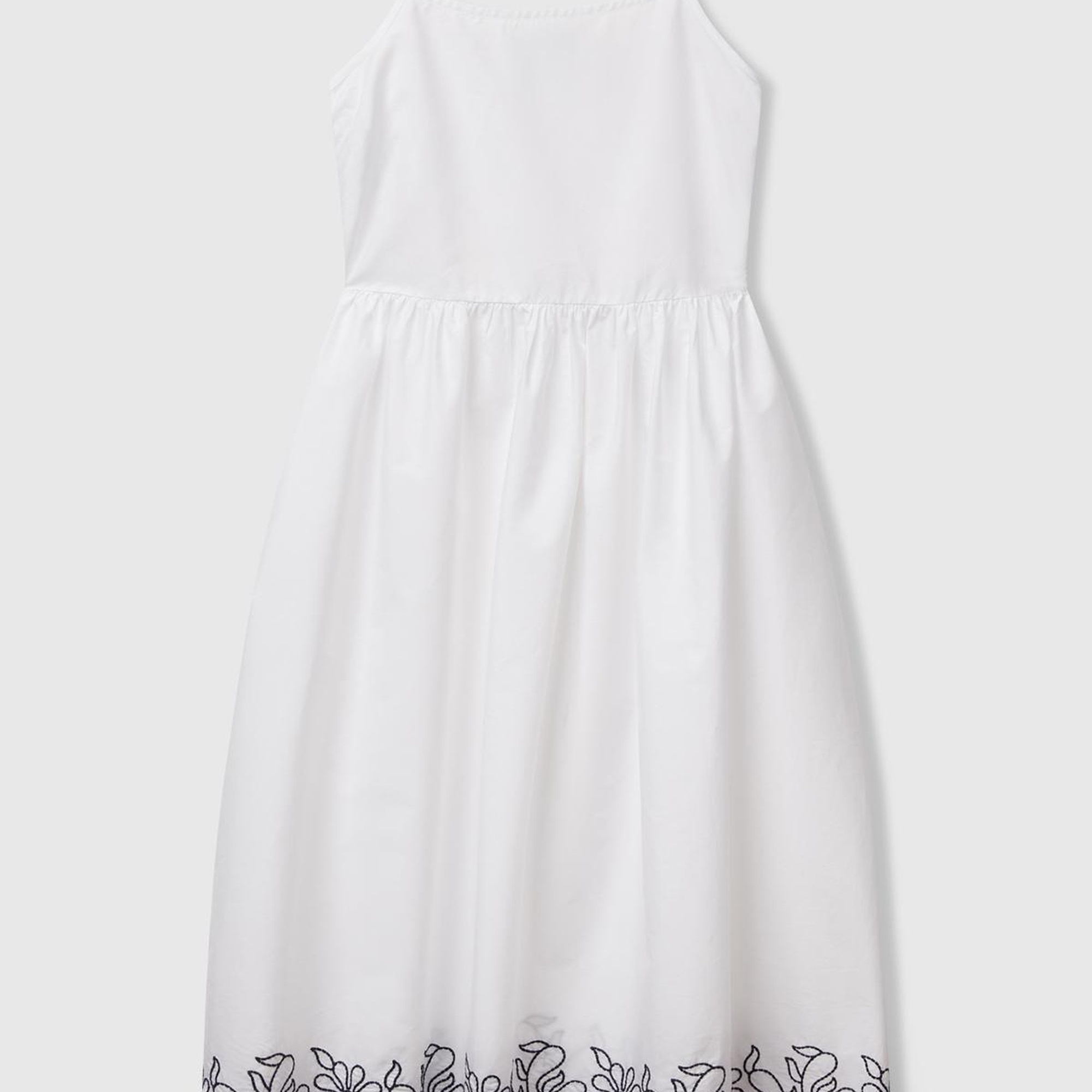 Kadın Beyaz %100 Koton Askılı Etek Ucu İşlemeli Midi Boy Elbise