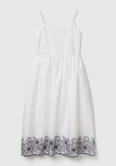  Kadın Beyaz %100 Koton Askılı Etek Ucu İşlemeli Midi Boy Elbise