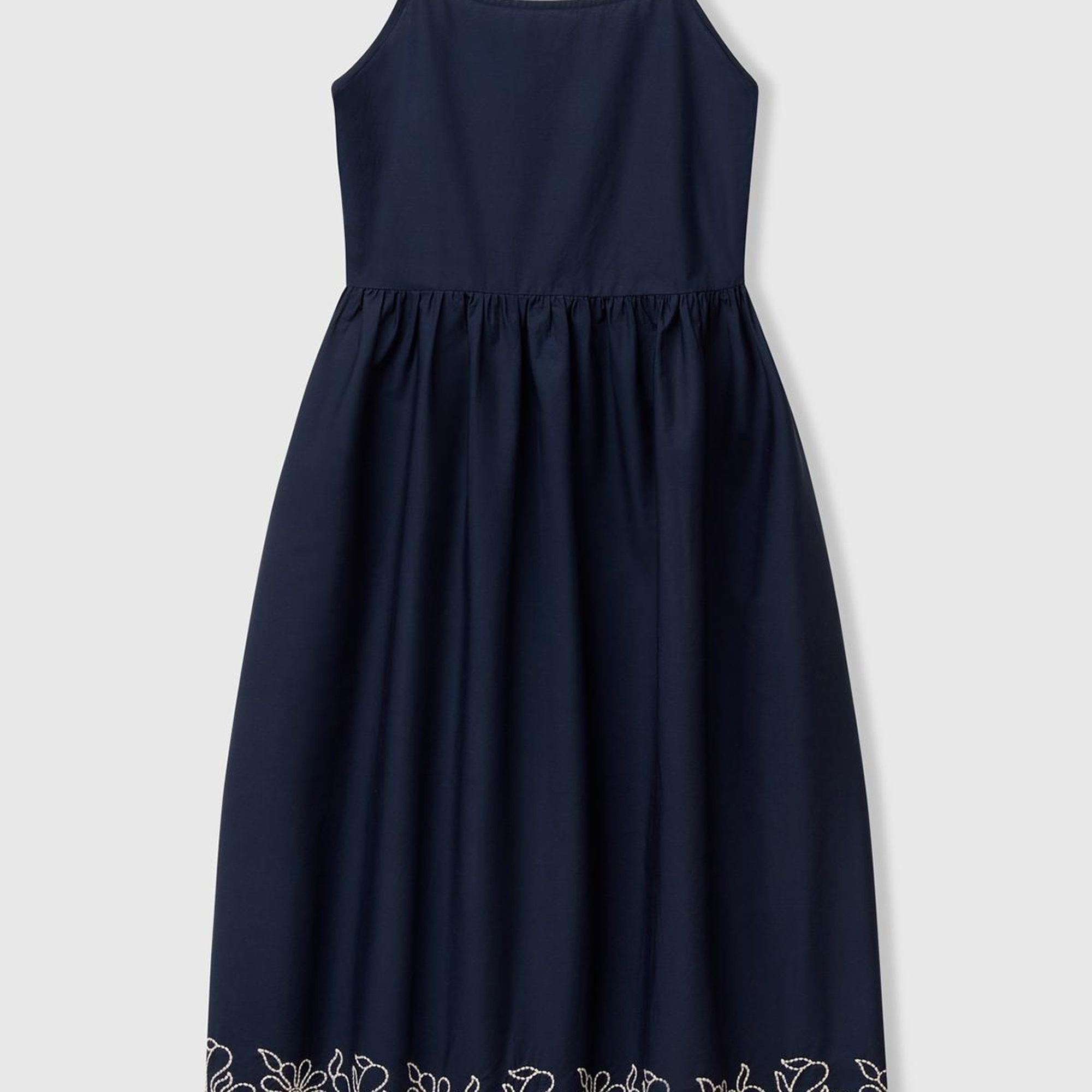 Kadın Lacivert %100 Koton Askılı Etek Ucu İşlemeli Midi Boy Elbise