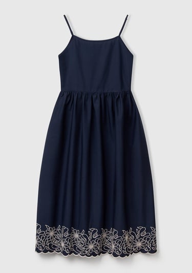  Kadın Lacivert %100 Koton Askılı Etek Ucu İşlemeli Midi Boy Elbise
