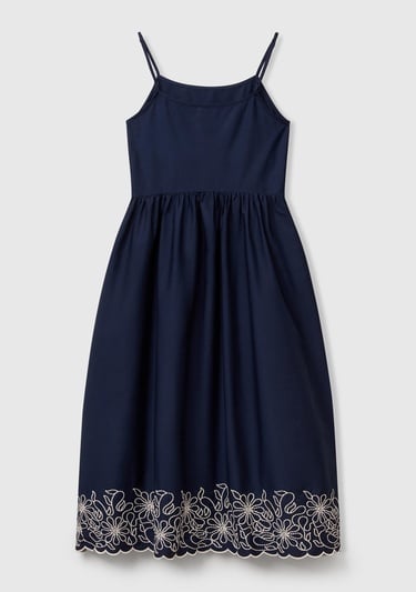  Kadın Lacivert %100 Koton Askılı Etek Ucu İşlemeli Midi Boy Elbise